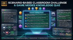 Educational infographic featuring classroom scenario challenges, teacher decision-making examples, Gimkit game mode knowledge quiz, learning analytics, and interactive teaching best practices.