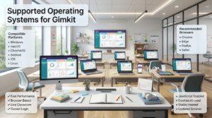 Modern classroom featuring Windows, macOS, ChromeOS, Android, and iOS devices running interactive educational quiz interfaces with compatibility information panels.