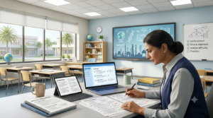 A teacher reviewing AI-generated quiz questions on a laptop while refining lesson plans in a modern classroom with educational resources and digital teaching tools.Using AI to Generate Quiz Questions Responsibly for Classroom Learning