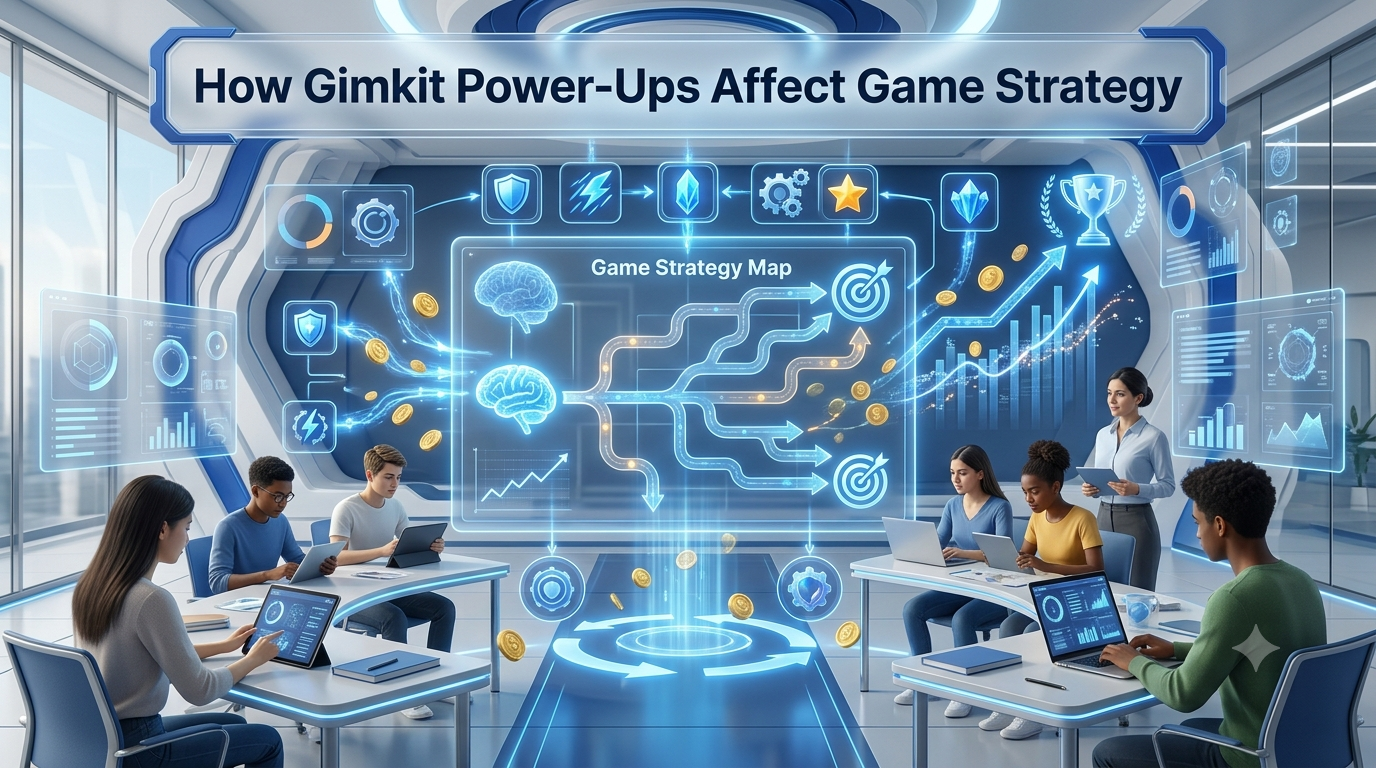 Premium 16:9 educational gaming hero banner showing students making strategic power-up decisions during a Gimkit-style match, with a futuristic strategy board, upgrade paths, tactical planning icons, virtual coins, and a modern smart classroom.How Gimkit Power-Ups Affect Game Strategy