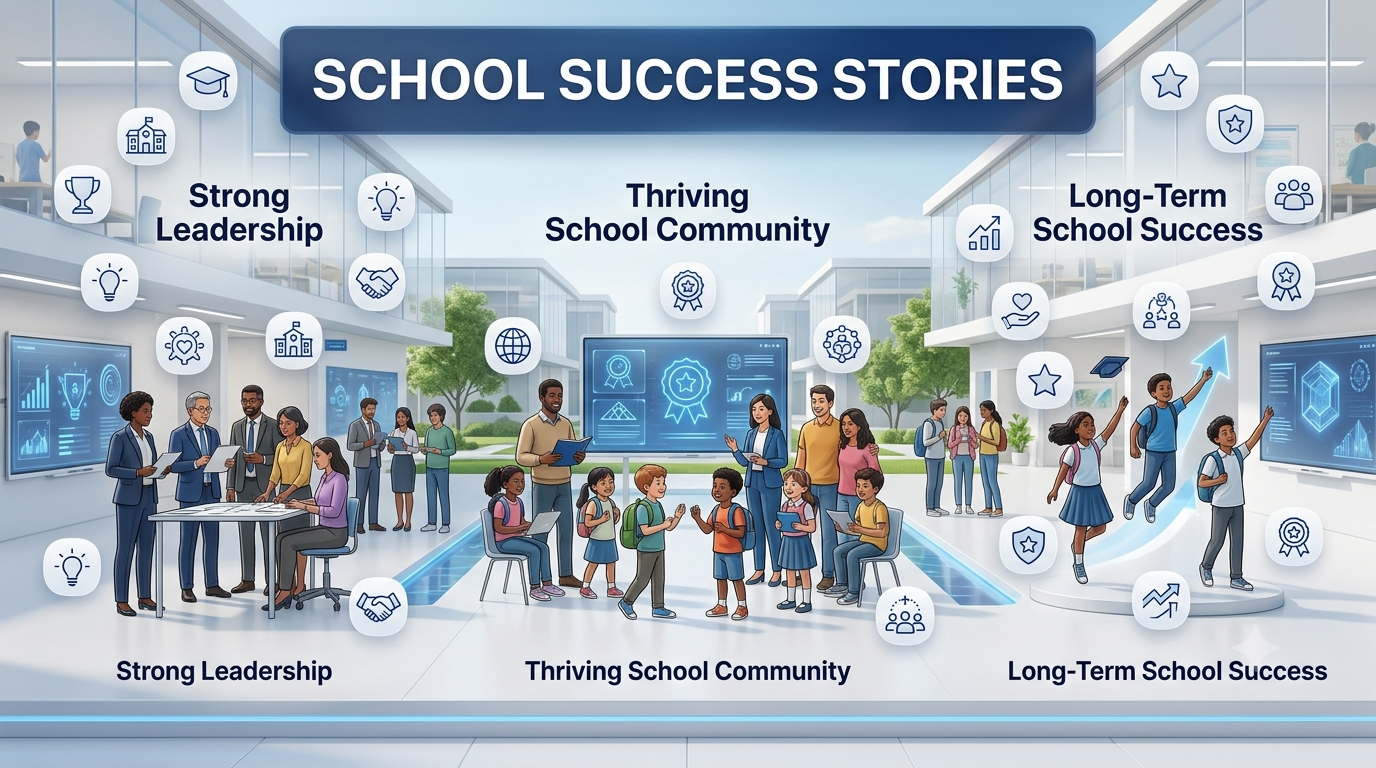 Modern school community celebrating success through leadership, teamwork, student achievement, family partnerships, and a positive educational culture.School Success Stories