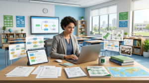 A teacher organizing quiz questions into a structured learning sequence using a laptop, educational diagrams, and visual teaching resources in a modern classroom.
