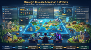 Professional gaming strategy infographic showing early-game resource allocation, inventory upgrades, passive income generation, ROI optimization, and strategic progression toward long-term success.