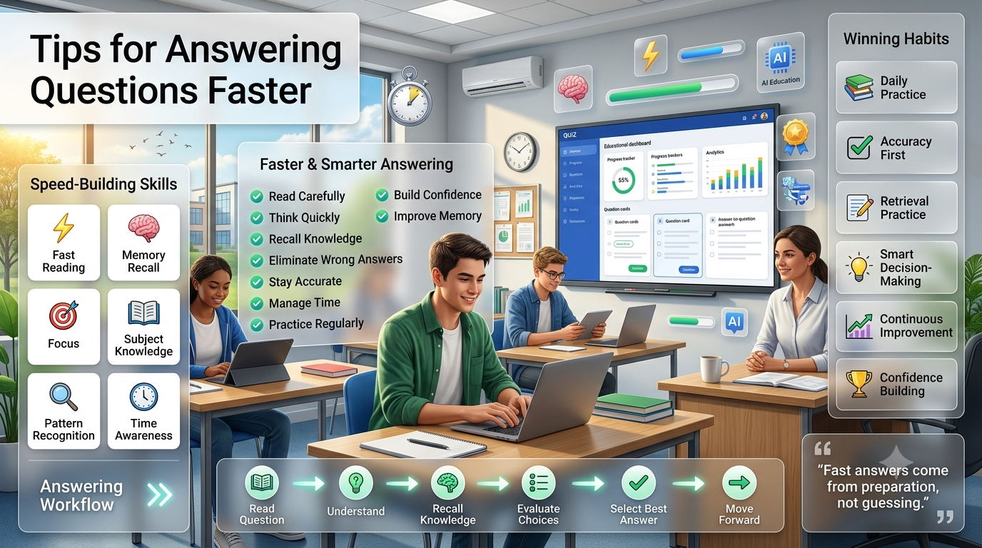 Focused student answering quiz questions quickly in a modern smart classroom with a fictional educational dashboard showing speed, accuracy, memory, and learning progress.Tips for Answering Questions Faster – Improve Speed, Accuracy & Memory for Better Learning