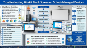 A professional educational technology infographic showing how teachers and students troubleshoot Gimkit blank screen issues on school-managed Chromebooks, Windows laptops, tablets, and classroom networks.