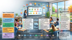 Educational infographic comparing seasonal events with regular updates while explaining event types, classroom benefits, and the evolution of seasonal activities.