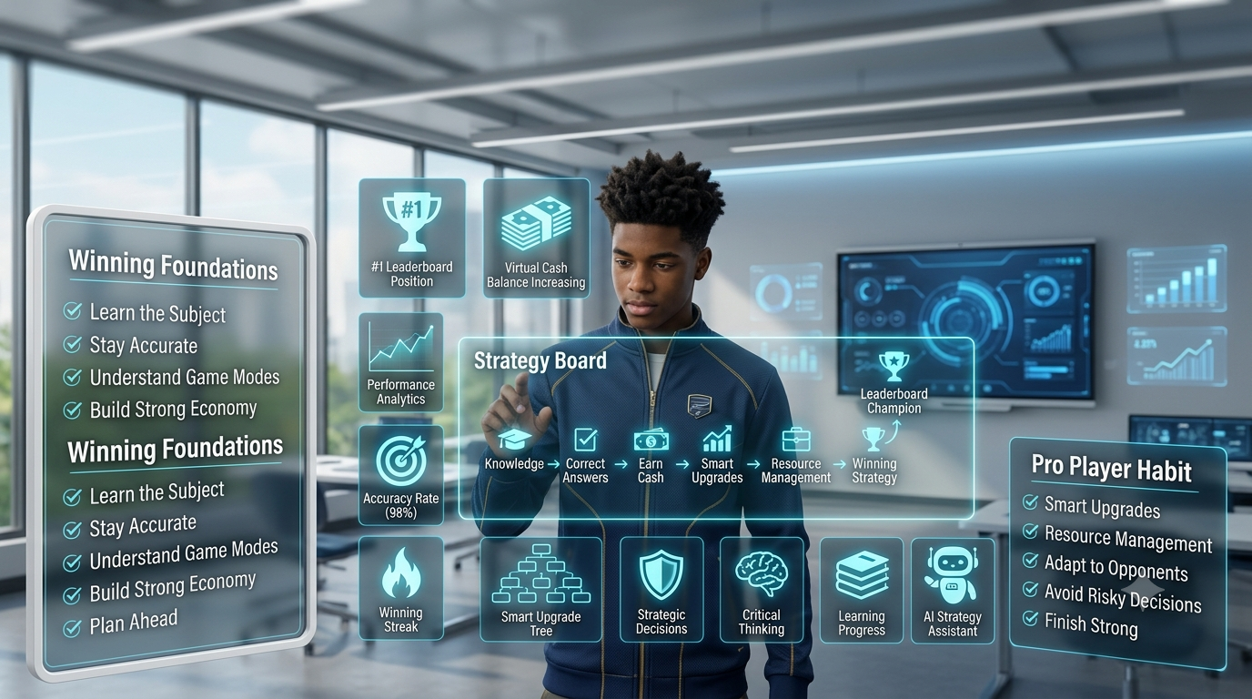 Futuristic classroom infographic showing a student using a holographic strategy dashboard with leaderboard analytics, smart upgrades, resource management, and winning gameplay techniques for consistent Gimkit success.Complete Winning Blueprint for Gimkit Players (2026 Expert Strategy Guide)