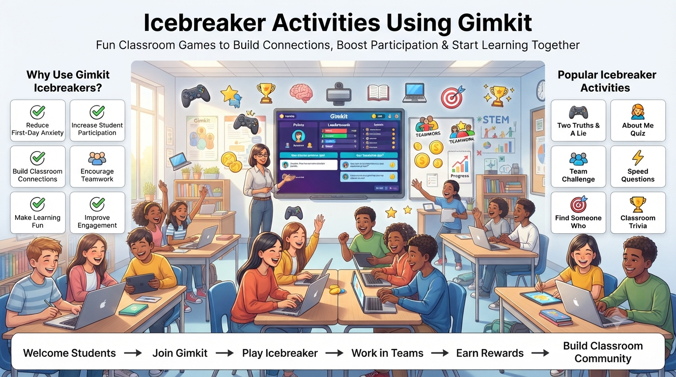 Modern classroom infographic showing students playing Gimkit icebreaker games with interactive quizzes, teamwork, rewards, and classroom engagement activities.Icebreaker Activities Using Gimkit | Fun Classroom Games for Student Engagement
