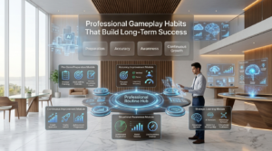 Premium 16:9 hero banner featuring an experienced Gimkit player following a professional gameplay routine with a pre-game checklist, accuracy tracking dashboard, situational awareness radar, and strategic learning analytics in a futuristic educational gaming workspace.