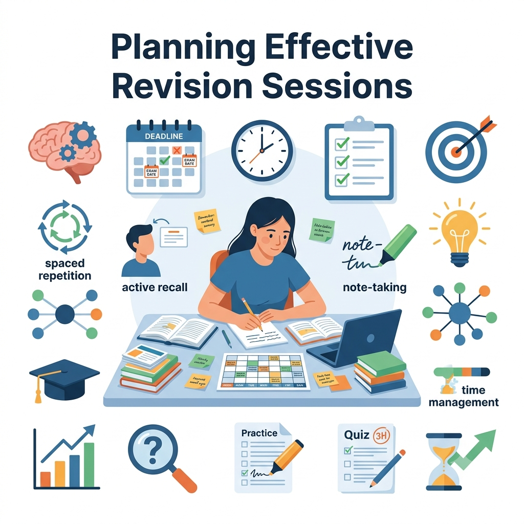Planning Effective Revision Sessions illustration showing a student using organized study materials, revision schedule, flashcards, and effective learning strategies.Planning Effective Revision Sessions