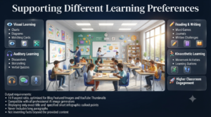 Premium educational infographic showing how interactive games support visual, auditory, reading and writing, and kinaesthetic learning preferences in modern classrooms.