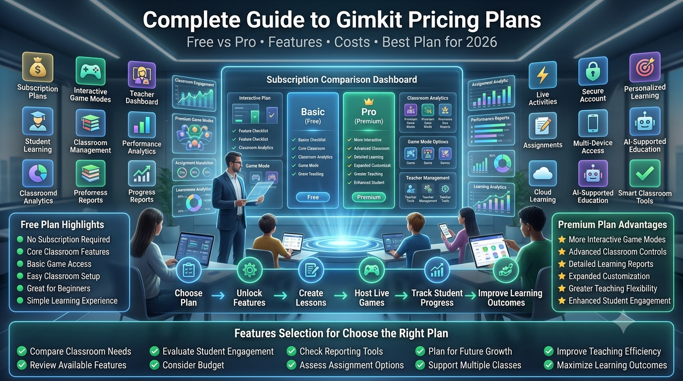 Educational technology infographic comparing free and premium classroom subscription plans with feature checklists, learning analytics, teacher tools, interactive game modes, and smart classroom management in a futuristic digital learning environment.Complete Guide to Gimkit Pricing Plans (2026): Free vs Premium Comparison