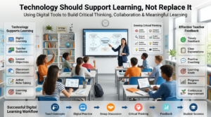 Teacher leading an interactive classroom lesson where technology supports student collaboration, critical thinking, digital learning, and meaningful educational discussions.