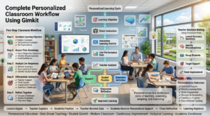 Educational infographic showing a personalized classroom workflow with lesson planning, assessment, data analysis, differentiated instruction, and student reflection in a modern classroom.