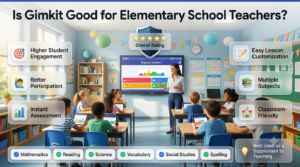 Professional infographic showing Gimkit for elementary classrooms with teacher, students, engagement ratings, assessment features, and educational benefits.