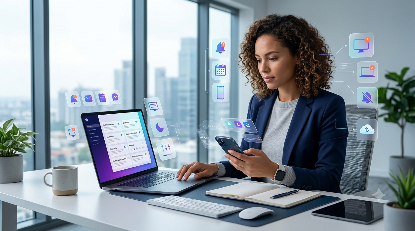 Person configuring notification preferences on a laptop and smartphone using realistic notification settings interface.How to Configure Notification Preferences | Latest Guide