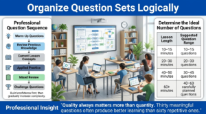 An educational infographic showing a structured question sequence from warm-up questions to challenge questions alongside a table of recommended question counts for different lesson lengths.