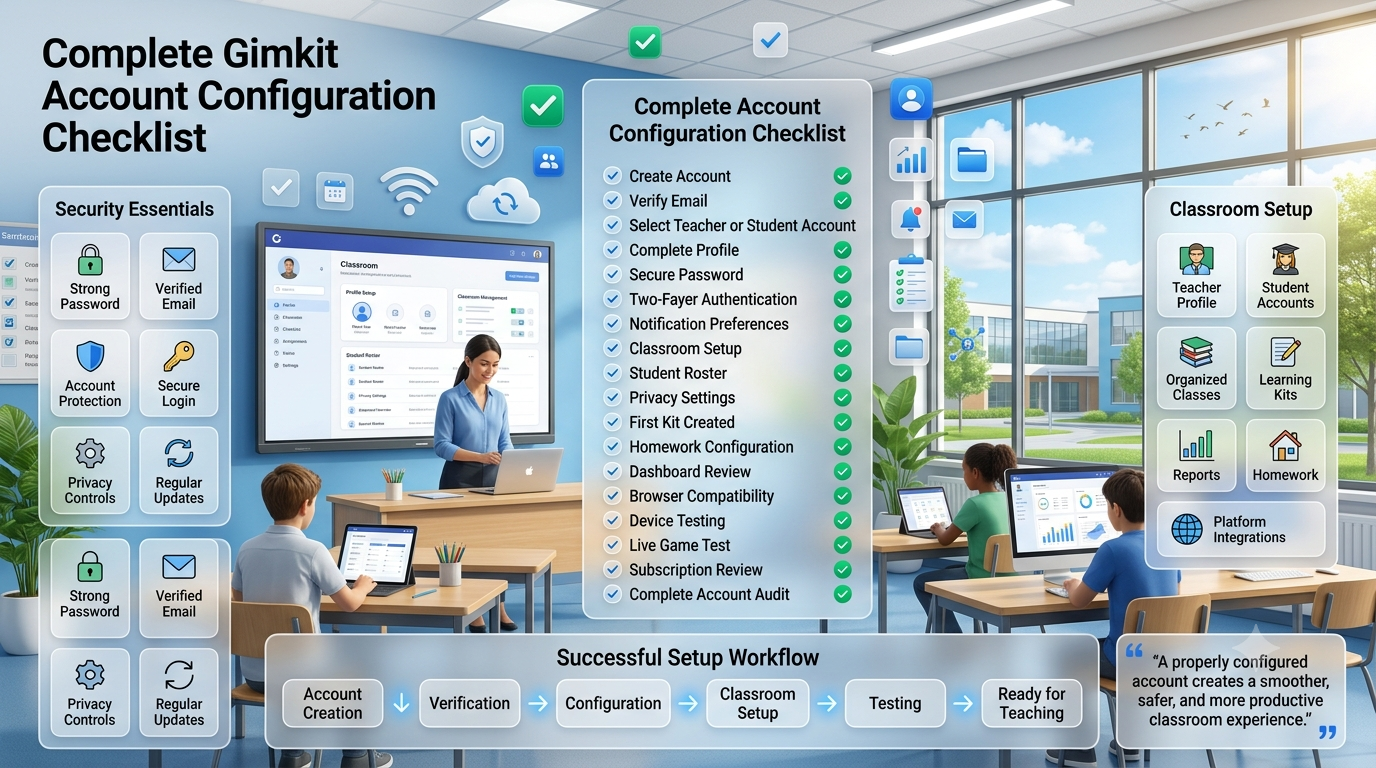 Editorial infographic showing a teacher configuring a classroom learning account with security settings, student management, and account setup checklist in a modern smart classroom.Complete Gimkit Account Configuration Checklist – Secure Classroom Setup Guide (2026)