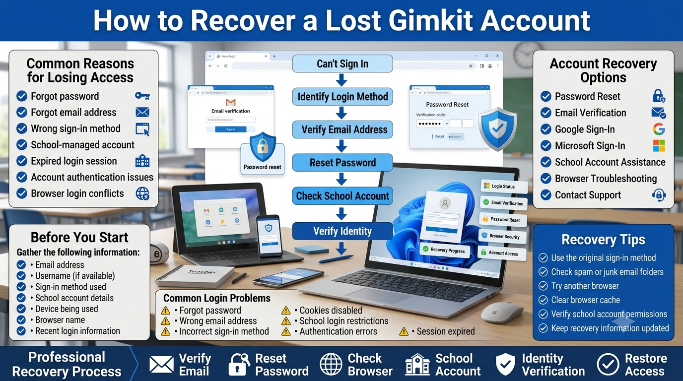 A professional educational technology infographic showing account recovery methods for a lost Gimkit account, including password reset, email verification, school account assistance, login troubleshooting, and recovery workflow.How to Recover a Lost Gimkit Account – Complete Account Recovery Guide