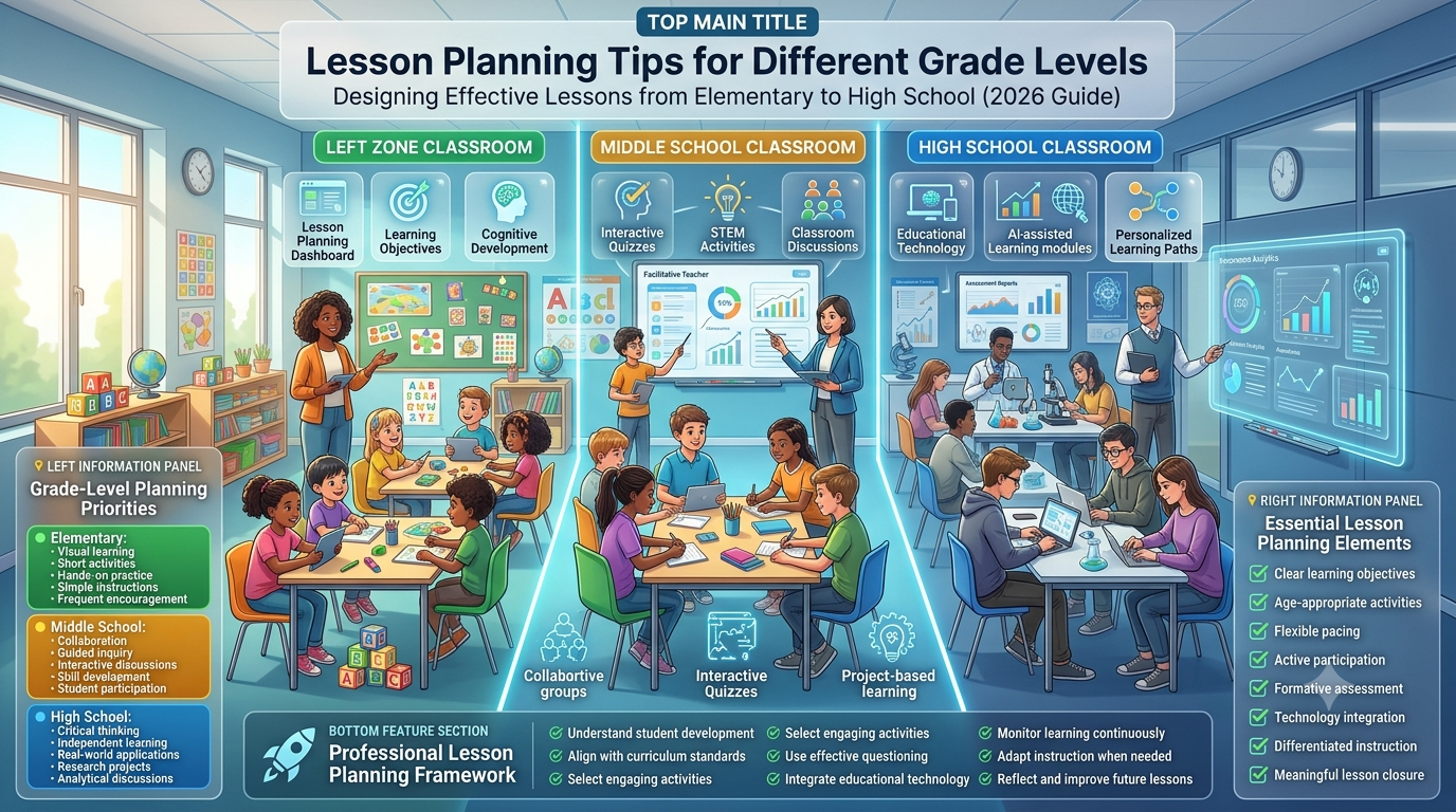 Educational infographic comparing lesson planning strategies for elementary, middle school, and high school classrooms, featuring teachers, students, educational technology, collaborative learning, and digital lesson planning dashboards.Lesson Planning Tips for Different Grade Levels: Complete Teacher Guide (2026)
