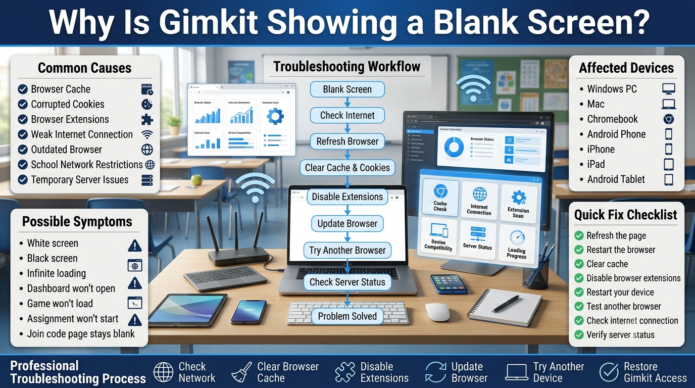 A professional educational technology infographic showing a laptop with a blank browser screen, common causes, troubleshooting workflow, supported devices, symptoms, and quick fixes for Gimkit blank screen issues.Why Is Gimkit Showing a Blank Screen? – Complete Troubleshooting Guide