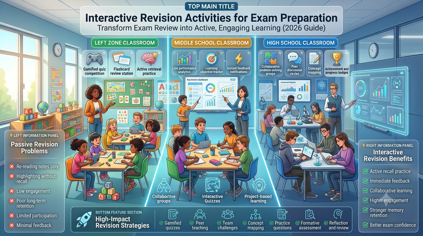Educational infographic showing students participating in interactive exam revision activities, including gamified quizzes, collaborative learning, retrieval practice, flashcards, live analytics, and teacher-led classroom review in a modern smart classroom.Interactive Revision Activities for Exam Preparation: Complete Classroom Guide (2026)