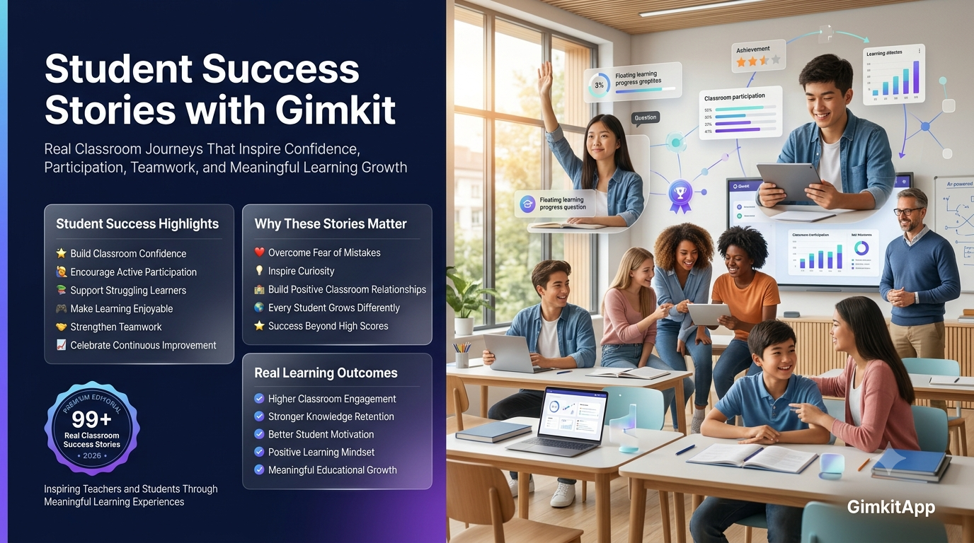 Premium editorial website hero banner showing diverse students celebrating learning success with Gimkit in a modern classroom, featuring teachers, teamwork, confidence, classroom engagement, and elegant infographic panels highlighting real student success stories.Student Success Stories with Gimkit: Real Classroom Growth, Confidence & Learning Journeys (2026)