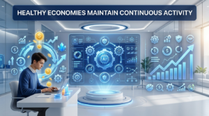 Premium 16:9 educational gaming illustration showing continuous resource generation, strategic investments, and sustainable in-game economic growth in a futuristic classroom.