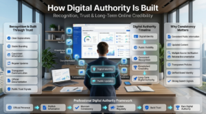 Professional technology infographic explaining how digital authority develops through trust, consistent branding, transparency, public visibility, and long-term online credibility.