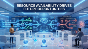 Premium 16:9 educational gaming illustration showing strategic resource management, economic flexibility, sustainable growth, and future opportunities in a futuristic classroom.