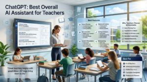 Which AI Education Tool Is Better for Teachers?Professional teacher using an AI assistant for lesson planning, quizzes, worksheets, writing support, and classroom management in a modern smart classroom.