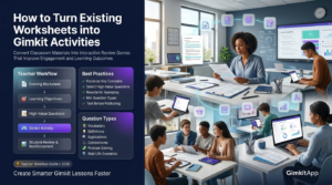 Premium editorial website hero banner showing a teacher transforming traditional worksheets into interactive Gimkit activities, with students using digital quizzes, classroom resources, learning workflows, and professional educational infographic panels.