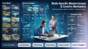 Premium educational gaming infographic showing expert Gimkit strategies, professional recommendations, economy management, performance analytics, and competitive classroom gameplay.