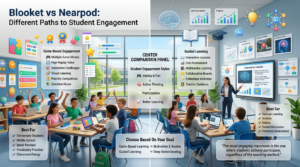 Modern classroom comparison showing game-based learning and guided interactive learning approaches to improve long-term student engagement.Blooket vs Nearpod – Which Learning Style Keeps Students Engaged Longer? (2026 Comparison)
