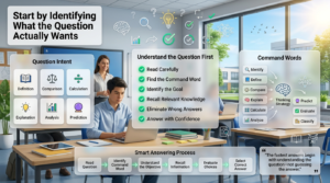 Student analyzing a quiz question by identifying command words and understanding question intent using a modern educational dashboard in a smart classroom.