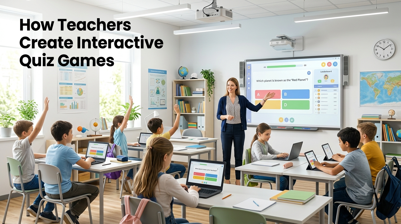 A teacher leads an interactive digital quiz lesson in a modern classroom where students participate using laptops and a smart board in an engaging learning environment.How Teachers Create Interactive Quiz Games in Modern Classrooms