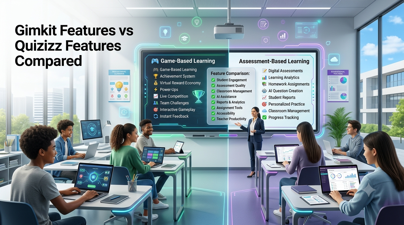 Modern smart classroom comparing game-based learning and digital assessment platforms with interactive dashboards, analytics, and engaged students using laptops.Gimkit Features vs Quizizz Features Compared – Complete Classroom Comparison (2026)