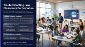 Premium editorial educational website hero banner showing a teacher analyzing low classroom participation with students engaged in collaborative learning, infographic troubleshooting panels, professional teaching solutions, and modern classroom engagement strategies.