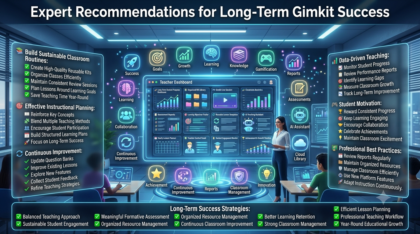 Expert Recommendations for Long-Term Gimkit Success infographic featuring a futuristic teacher dashboard with student progress tracking, classroom analytics, reusable lesson planning, assessment reports, motivation strategies, and long-term educational growth in a premium 16:9 EdTech design.Expert Recommendations for Long-Term Gimkit Success – Complete Teacher Growth Guide (2026)