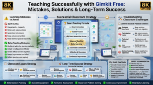 Educational infographic explaining common mistakes when using Gimkit Free, classroom troubleshooting strategies, long-term teaching success, and best practices for improving student engagement and learning outcomes.