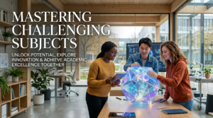 Premium 16:9 editorial hero image showing students confidently mastering challenging academic subjects through persistence, critical thinking, and continuous learning inside a futuristic education environment.
