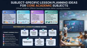 Professional educational infographic illustrating subject-specific lesson planning ideas for mathematics, science, language arts, and social studies with a detailed mathematics lesson structure and modern classroom teaching.