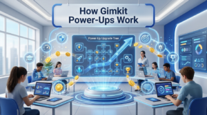 Premium 16:9 hero banner showing a futuristic Gimkit-inspired upgrade system where students answer quiz questions, earn virtual coins, unlock power-ups, upgrade abilities through a glowing progression tree, and strategically manage resources in a modern smart classroom.