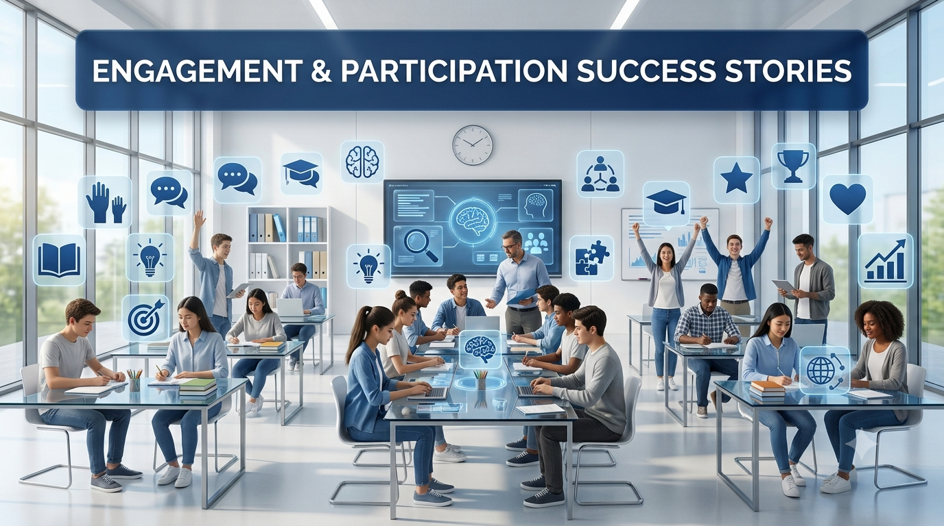 Students actively participating in classroom discussions, teamwork, collaborative learning, and interactive educational activities in a modern school environment.Engagement & Participation Success Stories