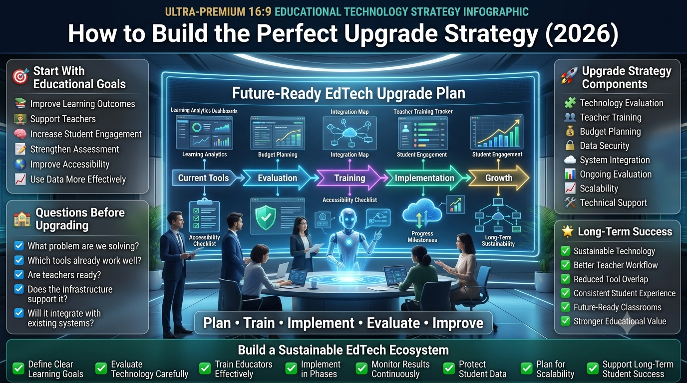 Premium 16:9 educational technology infographic illustrating a school technology upgrade strategy with AI-powered planning, teacher training, budgeting, integration, scalability, security, and long-term sustainability.How to Build the Perfect Upgrade Strategy: Complete EdTech Roadmap (2026)