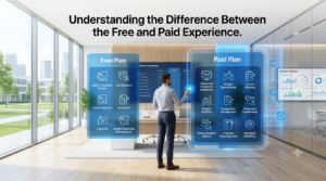Premium 16:9 hero banner showing a comparison between free and paid educational plans with a teacher, classroom dashboard, feature comparison cards, and blue holographic technology graphics.