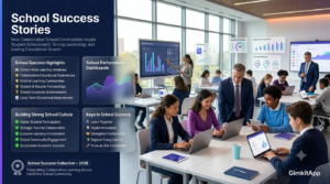 Premium editorial website hero banner showing a vibrant school community using Gimkit, featuring teachers, students, school leaders, collaborative learning, positive school culture, and elegant infographic panels highlighting school success stories.