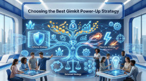 Premium 16:9 educational gaming hero banner showing students selecting different strategic power-up paths on a futuristic upgrade tree with offense, defense, economy, and balanced strategy icons in a modern smart classroom.