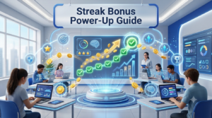 Premium 16:9 educational gaming hero banner showing students building a correct-answer streak with glowing combo indicators, increasing virtual coins, streak progression, accuracy symbols, and a futuristic classroom strategy interface.