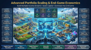 Premium gaming strategy infographic illustrating portfolio diversification, passive income systems, market trading, asset management, and end-game economic progression.